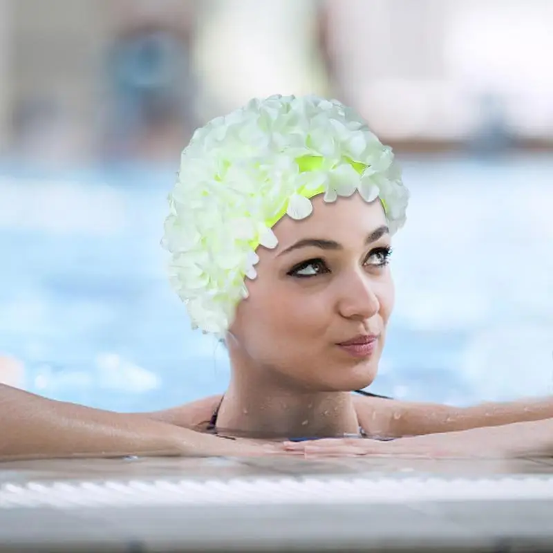 Gorro de baño con flores 3D para mujer, gorro de baño transpirable hecho a mano, capucha de buceo de pelo largo suave, protección para los oídos, accesorios para piscina