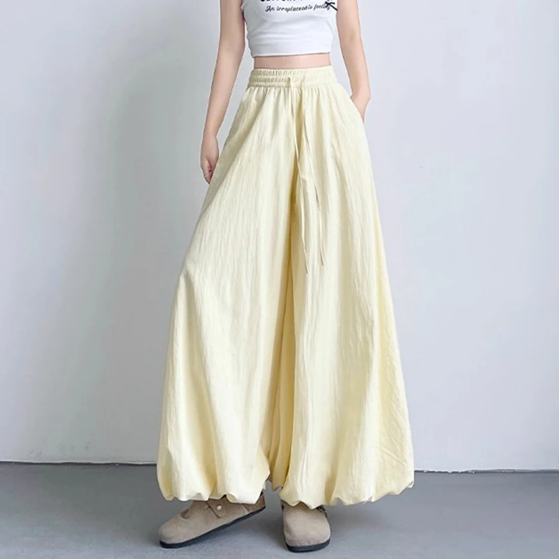 Women Summer Casual Baggy Culottes Female High Waist Trousers Girls Korean Style Comfortable Drawstring Wide Leg Pants