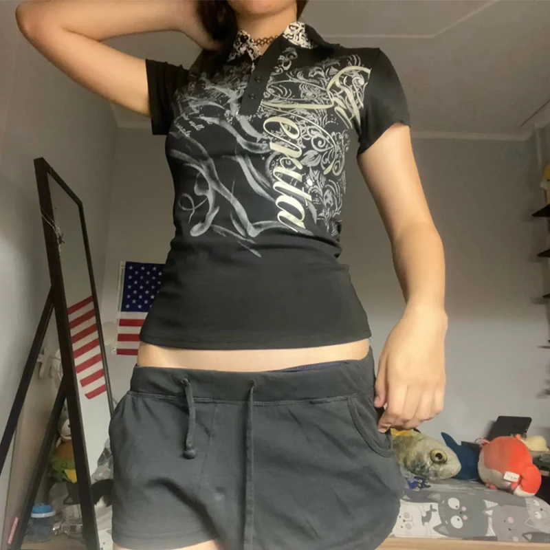 Y2k haut court Punk graphique T-shirts rue fille chaude années 2000 vêtements doux mince T-Shirts Harajuku été femmes haut gothique chemise emo