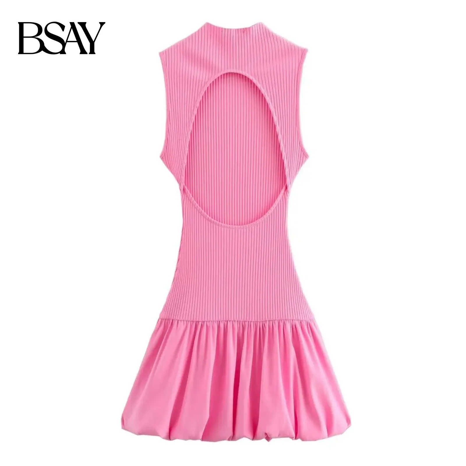 BSAY femmes mode été nouveau ballon fileté dos nu col rond court gilet robe Chic femme élégante sans manches robes de soirée