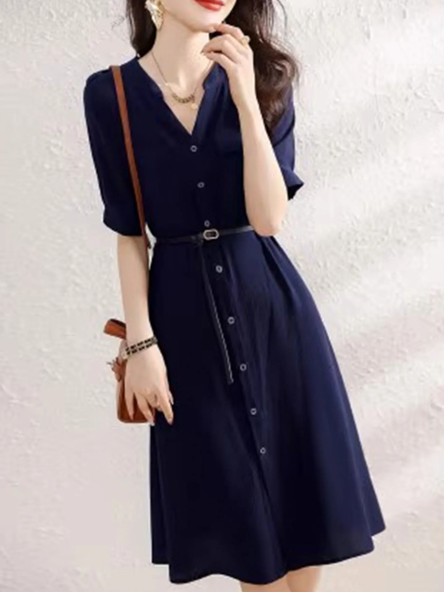 

Ele Commuter Sle ort Sve A-Line Dr Women's Single Button Faionable Summer Dr Korean Version Midi Dr