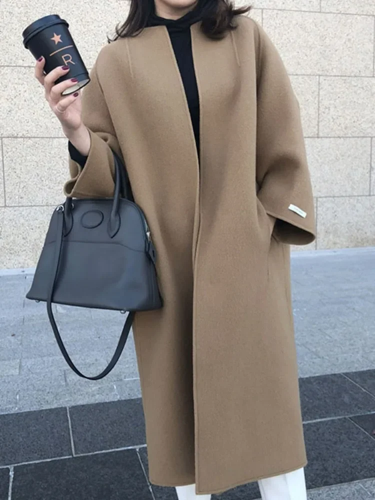 Beautyblue Woolen Coat Women's Coats New Fashion Solid Color Keep Warm Collarless Casual Cardigan Female Outwear Office Commute