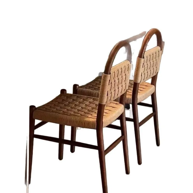 

Dining chair, rope woven solid wood chair, retro living room home woven backrest casual makeup chair