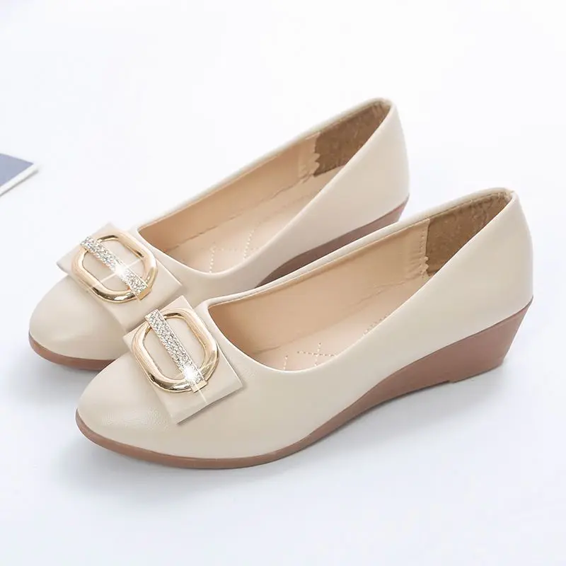 Woman Pumps Wedge Heel Rhinestone Leather Casual Round Toe Shoes for Women High Quality Luxury Brand Quick Delivery on Promotion