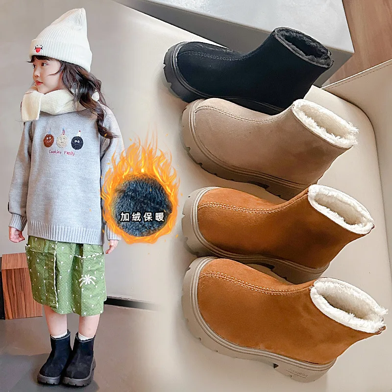 

Модные плюшевые однотонные ботинки на платформе, новые зимние модные детские зимние теплые замшевые лоферы, ботинки для девочек