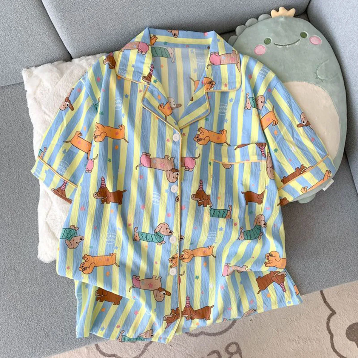 Sternen- und Streifen-Hunde-Print Kawaii-Pyjama für Frauen Y2K Mode Reverskragen Damen-Pyjama Sommer Neu Süß Niedlich Hauskleidung für Frauen – Detail 5