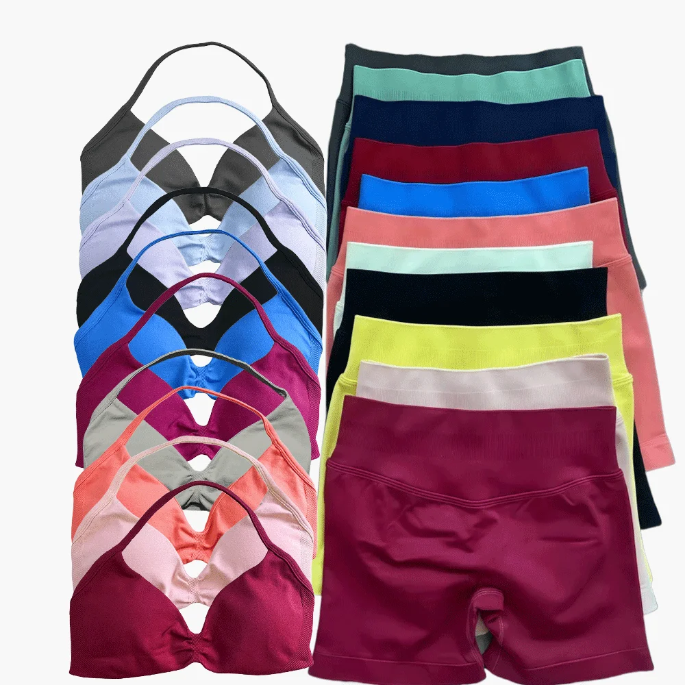 WHENG 2PCS Yoga Fitness Suit Women's Seamless Lace-Up Yoga Bra Top High Waist Workout Scratch Shorts Sports Suit Fitness Suit