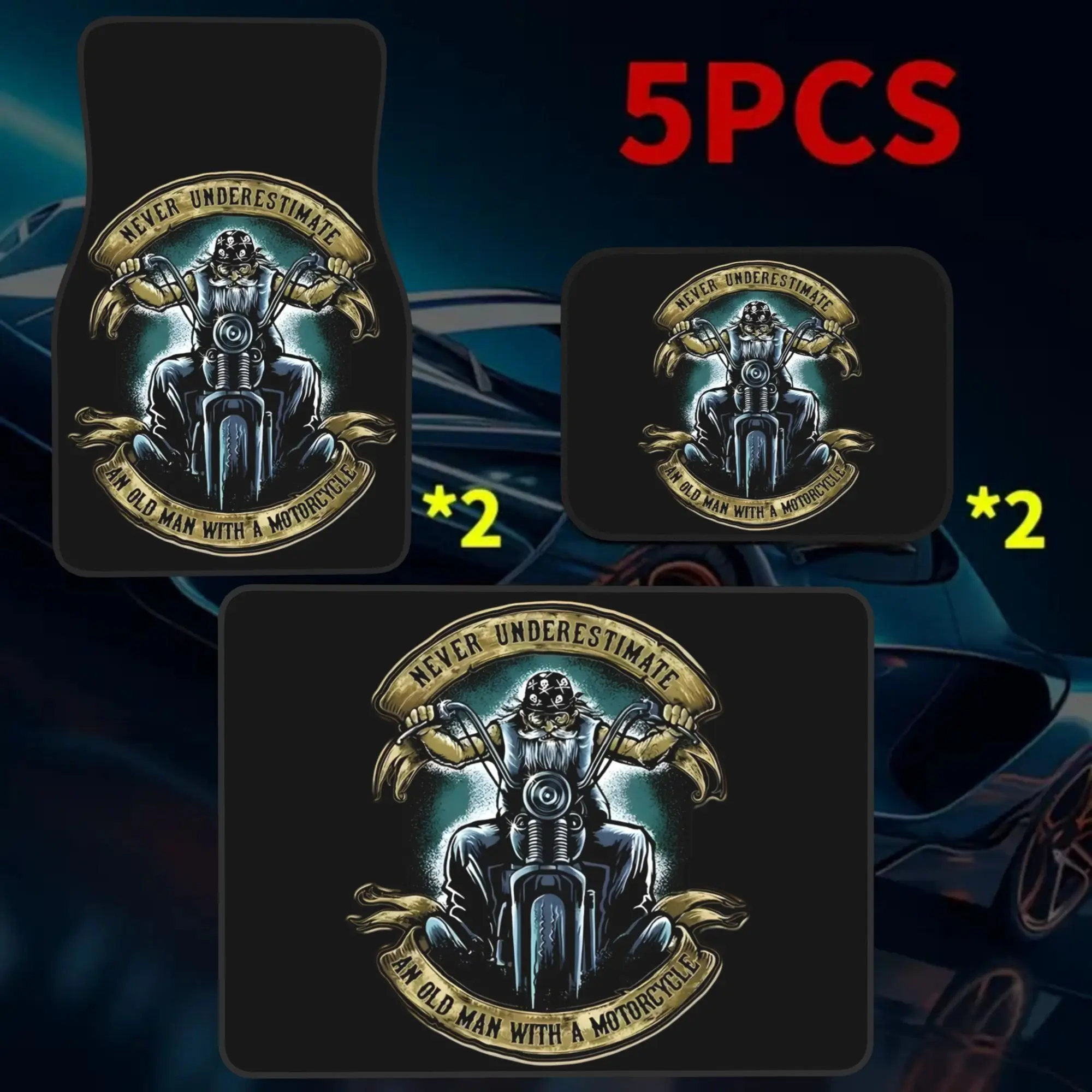 5pcs Never Underestimate An Old For Man With A Motorcycle Universal Car Floor Mats | Trunk Mat 5pcs (4 Floor Mats + 1 Trunk Mat)