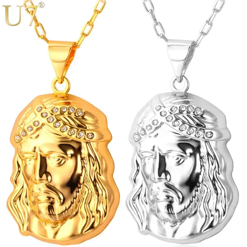 U7 Cristo Redentor Necklaces Silver/Gold Color Jesus Head Figure Pendant with 20inches Rolo Chain Unisex Jewelry Gift P545