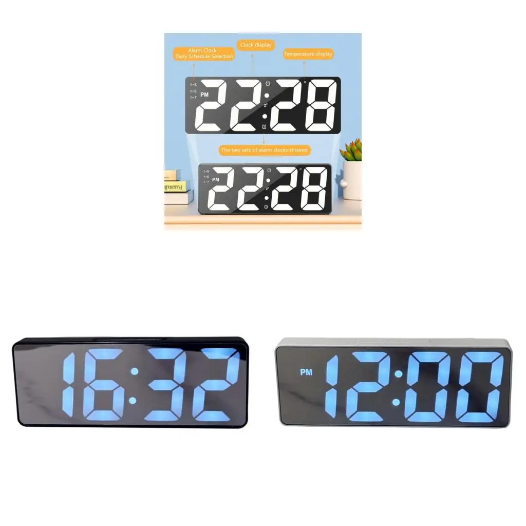  Stylish LED Electronic Clock Mirror Design USB Battery Powered Light Sensors Feature
