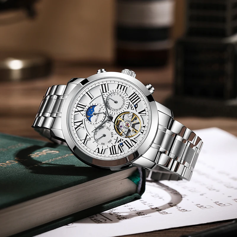 Top Brand Men's Tourbillon Watches Luxury Automatic Moon Phase Mechanical Watch for Men Stainless Steel Fashion Wristwatch Male