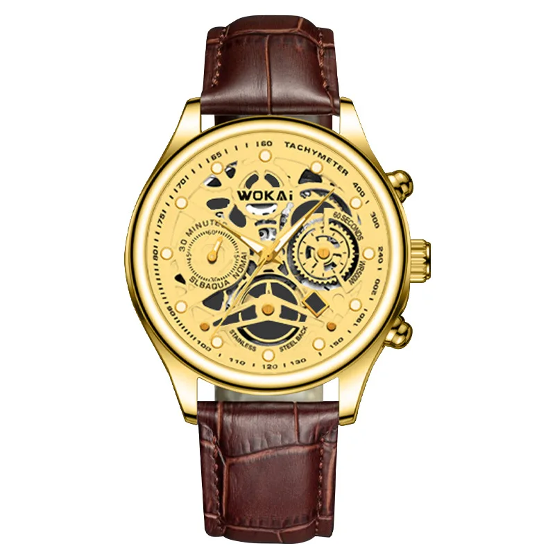 2023 Hot Sale WOKAI Watch Men Gold Watches Fashion Luxury Golden Skeleton Surface Quartz Wristwatches Men Relogios Masculinos