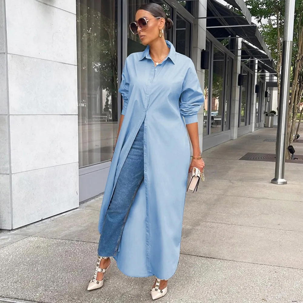 Women\'S Shirt Dress Fashion Chiffon Long Sleeve Cardigan Coat Soild Colors Shirt Top Blouse Ladies Elegant Maxi Shirt Dress