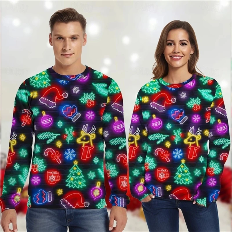 Merry Christmas Ugly Xmas Sweater Harajuku Neon Lamp Graphic Women Men Pullover Tops 2025 Fashion Couple Hoodie Sweatshirt 6XL