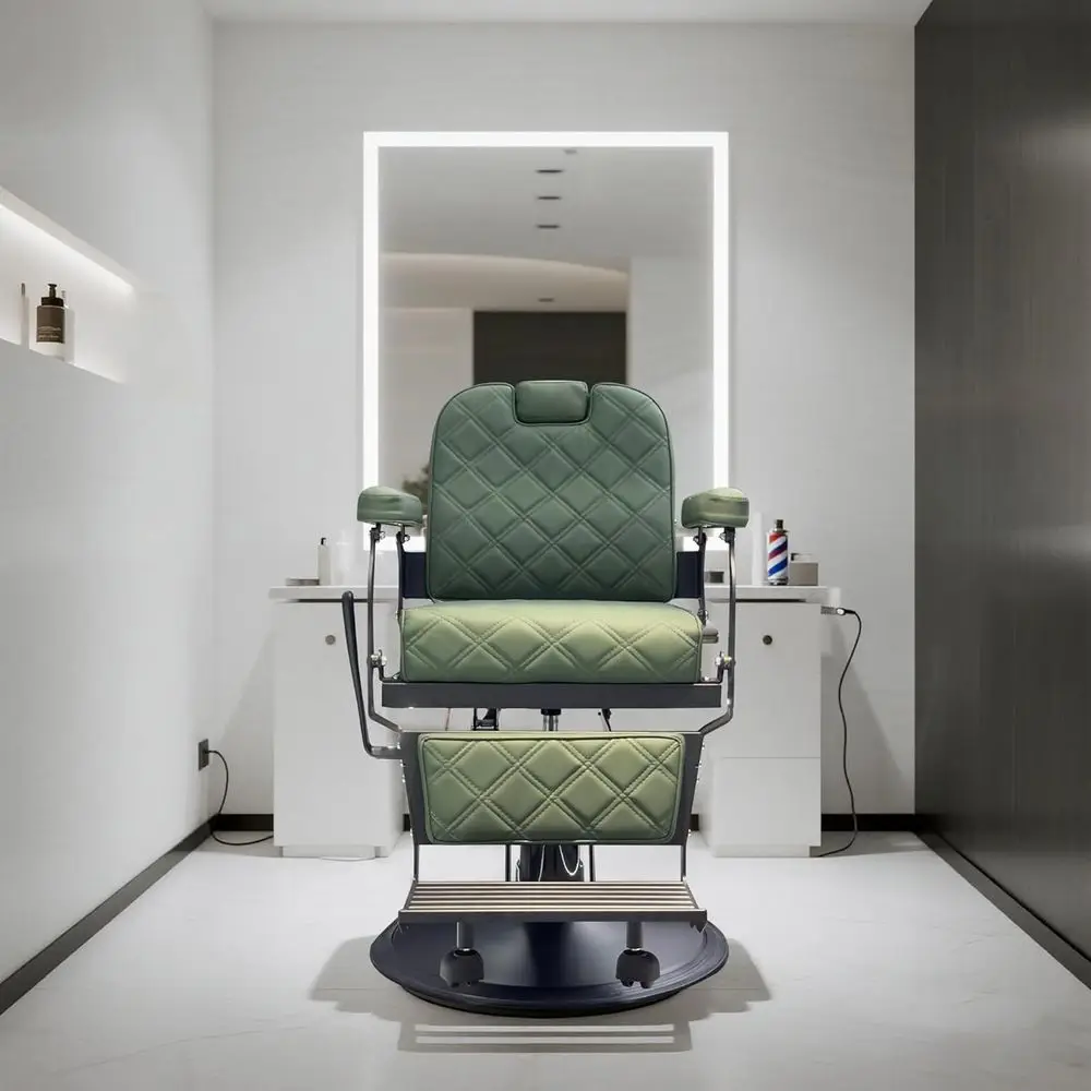 

Винтажное зеленое парикмахерское кресло повышенной прочности (до 250 кг) с гидравлическим подъемником и функцией откидывания спинки