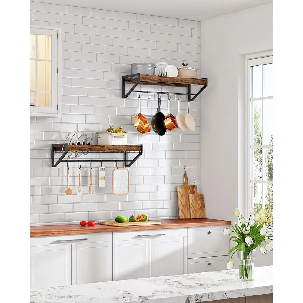 منظمو رف بغطاء وعاء مزدوج مع 12 خطافًا، بني ريفي وأسود، حل تخزين المطبخ للأواني والمقالي #2