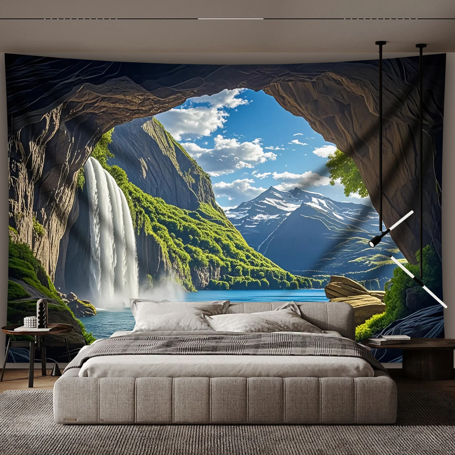 1pc Ultra Large Rock Cave Waterfall Tapestry - Premium Polyester Landscape Wall Art with Hand-Stitched Edges, Wrinkle-Resistant