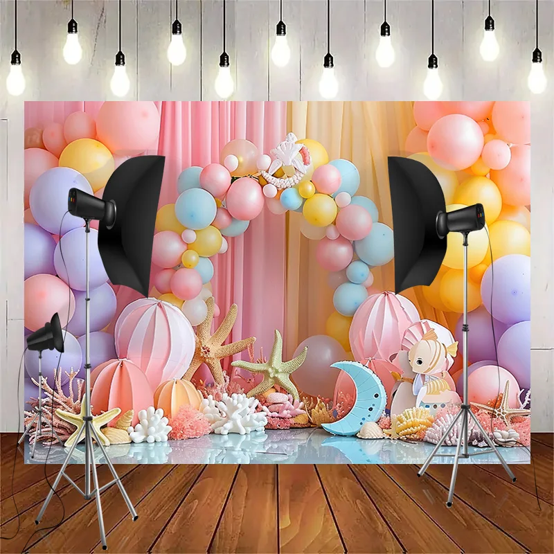 Escena de playa de sirena y estrellas de mar, Fondo de fotografía, decoración de feliz cumpleaños, globos, corona, fiesta, estudio fotográfico, DF-02