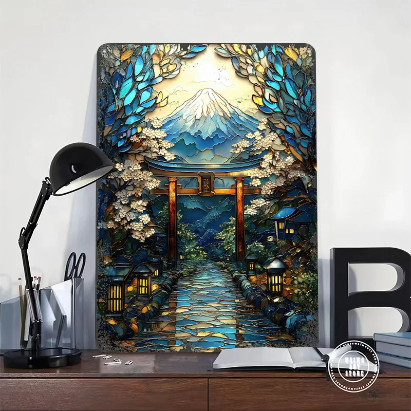 Mount Fuji Torii Gate Path Personalized 3D Textured Metal Poster Wall Art Vintage Tin Signs for Desk Decor Room Coffee Bar Retro