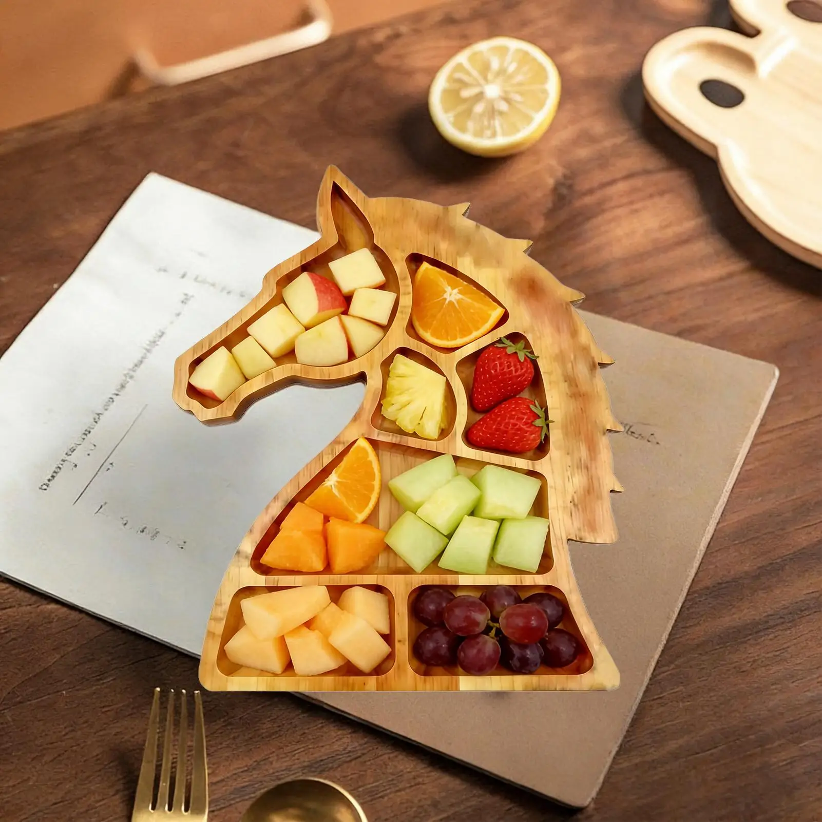 Wooden Serving Tray Horse Head Design Snack Dish with Compartments Serving Trays for Food for Candy Charcuterie Cookie Cupcake