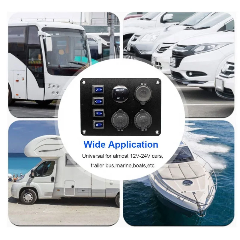 4 Gang Rocker Switch Panel with USB Charger Voltmeter Waterproof 12V-24V DC Rocker Switch with 4.2A Dual USB Charger and Night