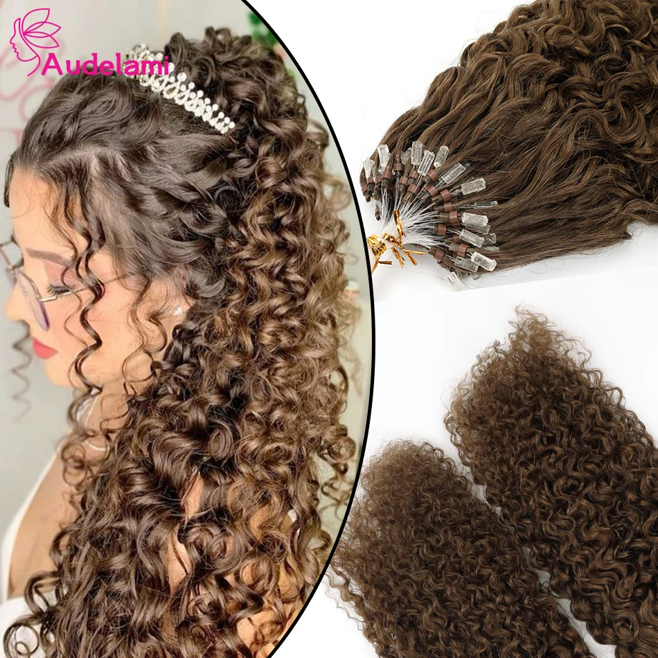 Audelami onda de água micro laço extensões de cabelo humano para mulheres encaracolado grampos de cabelo humano 12-26 polegada 100% cabelo humano real 50 pçs