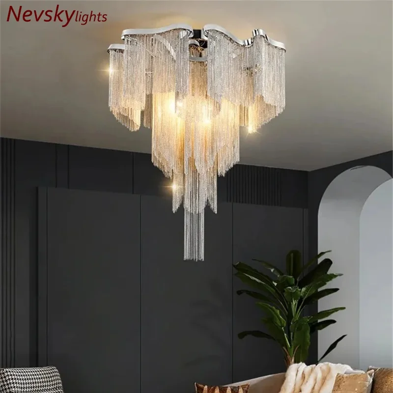 Modern silver decorative ceiling lamp for living room ceiling light with golden fringe For bedroom Aluminum light for kitchen