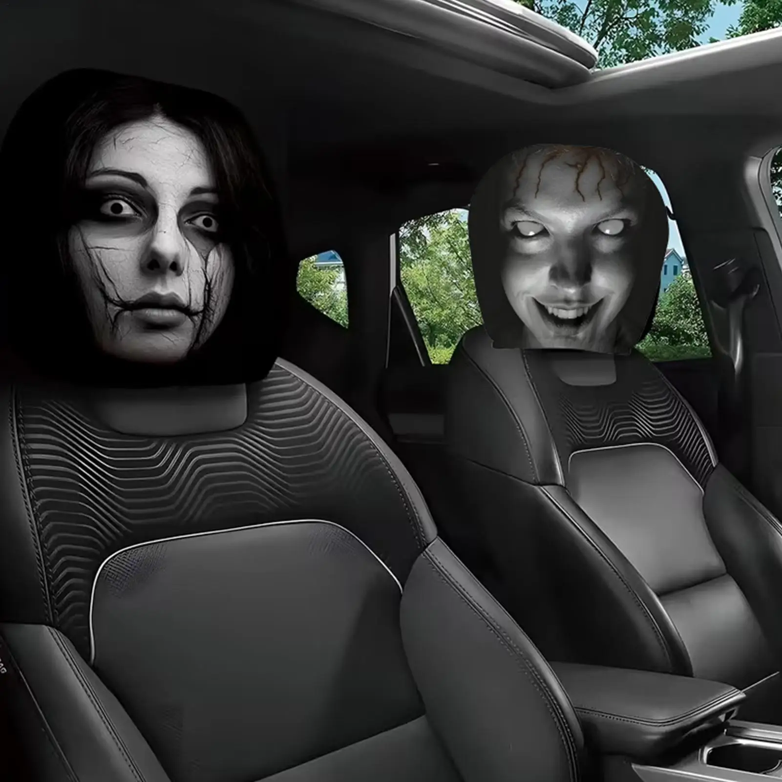 Car Headrest Cover 2 Piece Scary Face Pattern Automotive Seat Protector Cute Scary Face Pattern Cartoon Car Headrest Covers for