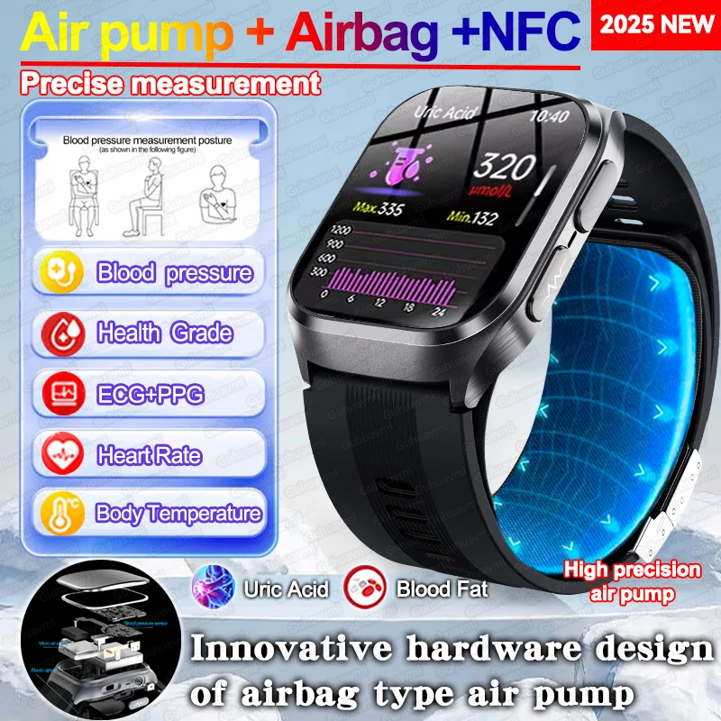 New Air Pump Airbag True Blood Pressure Health Measure Smart Watches Men Micro Physical Examination Fitness Sport SmartWatch NFC
