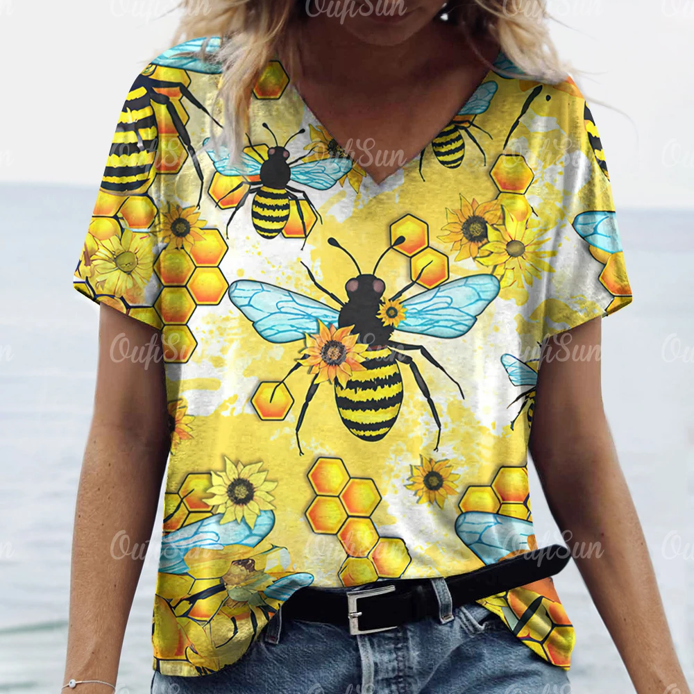 Summer Women\'s T-Shirt Vintage Bee Print Tops Natural Scenery V Neck Pullover Short Sleeve Loose Daily Casual Design Clothing