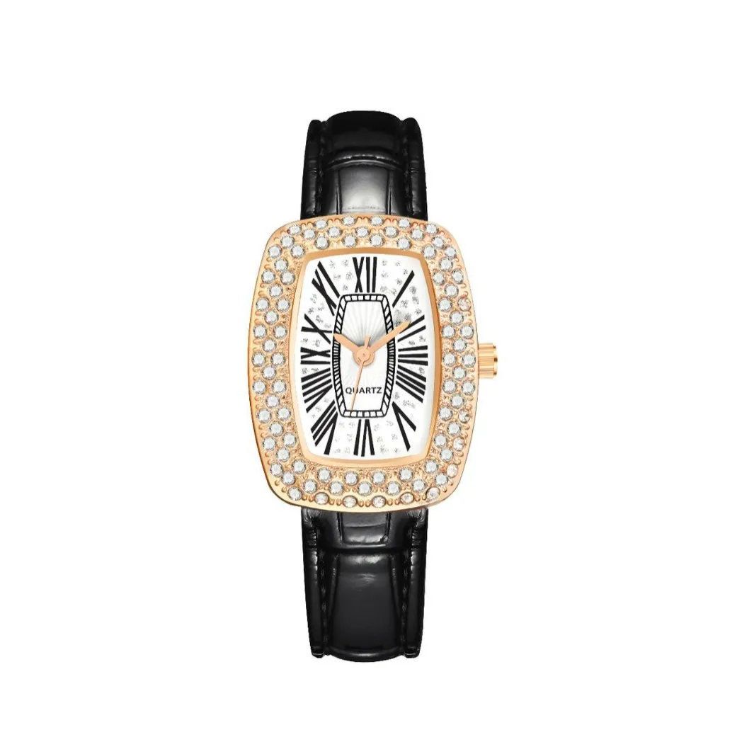 

Trendy and fashionable women's leather strap watch with diamond inlay, water diamond wine barrel, women's quartz watch