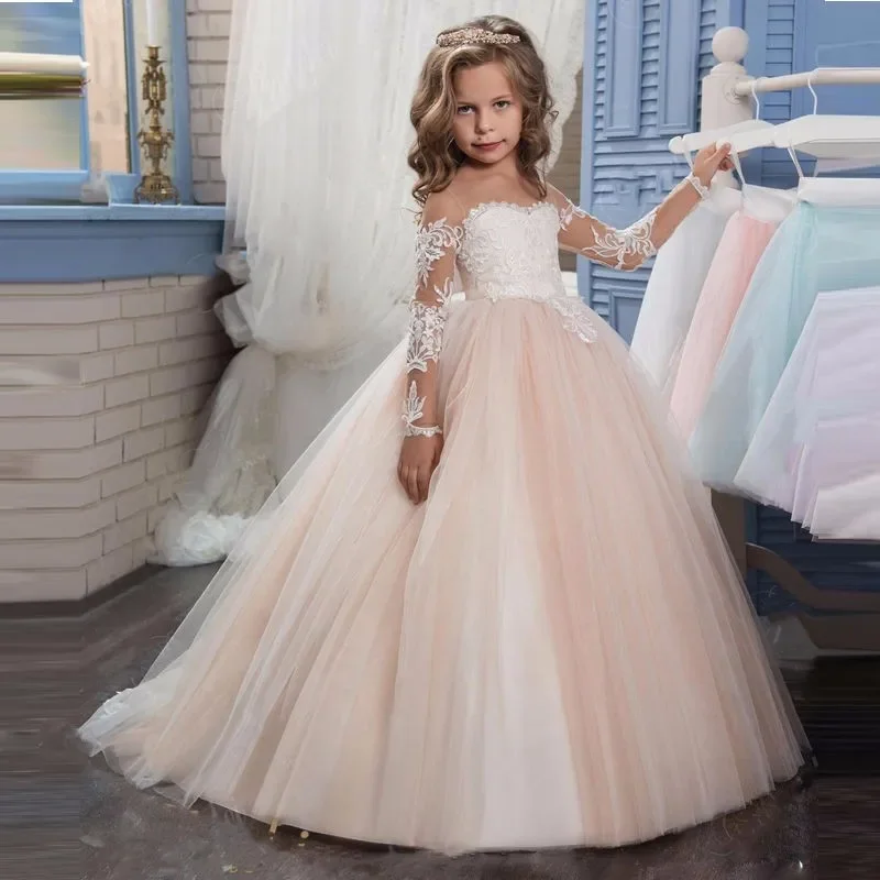 

Luxury Kids Christening Trailing Dress First Communion Formal Party Long Gown Lace Flower Girl Wedding Dress