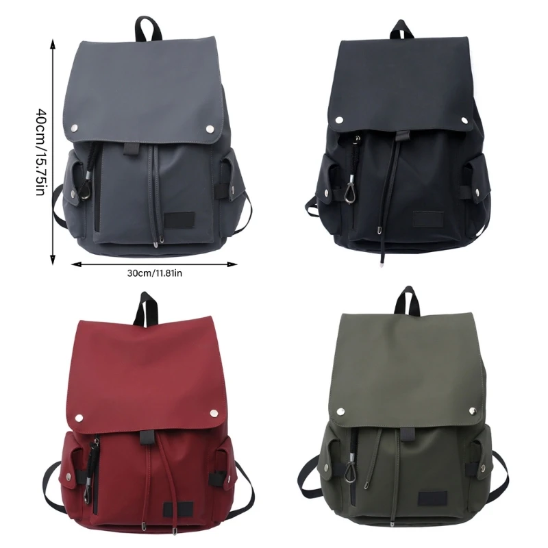 Versatile Student PU Backpack Water Resistant Large Flap Cover Drawstring Daypack School Book Bag for Daily Essential