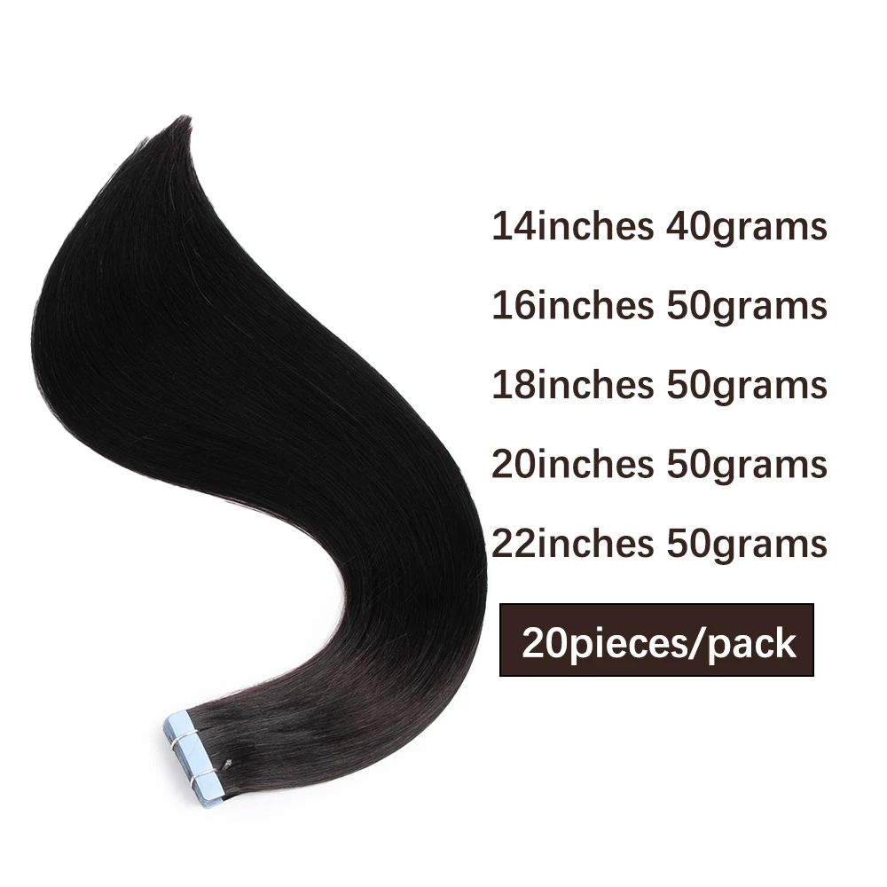 プレミアム100%ナチュラル人毛テープエクステ レミーブラジリアンヘア インビジブルスキンウェフト 20枚/パック 14～24インチ 40/50g
