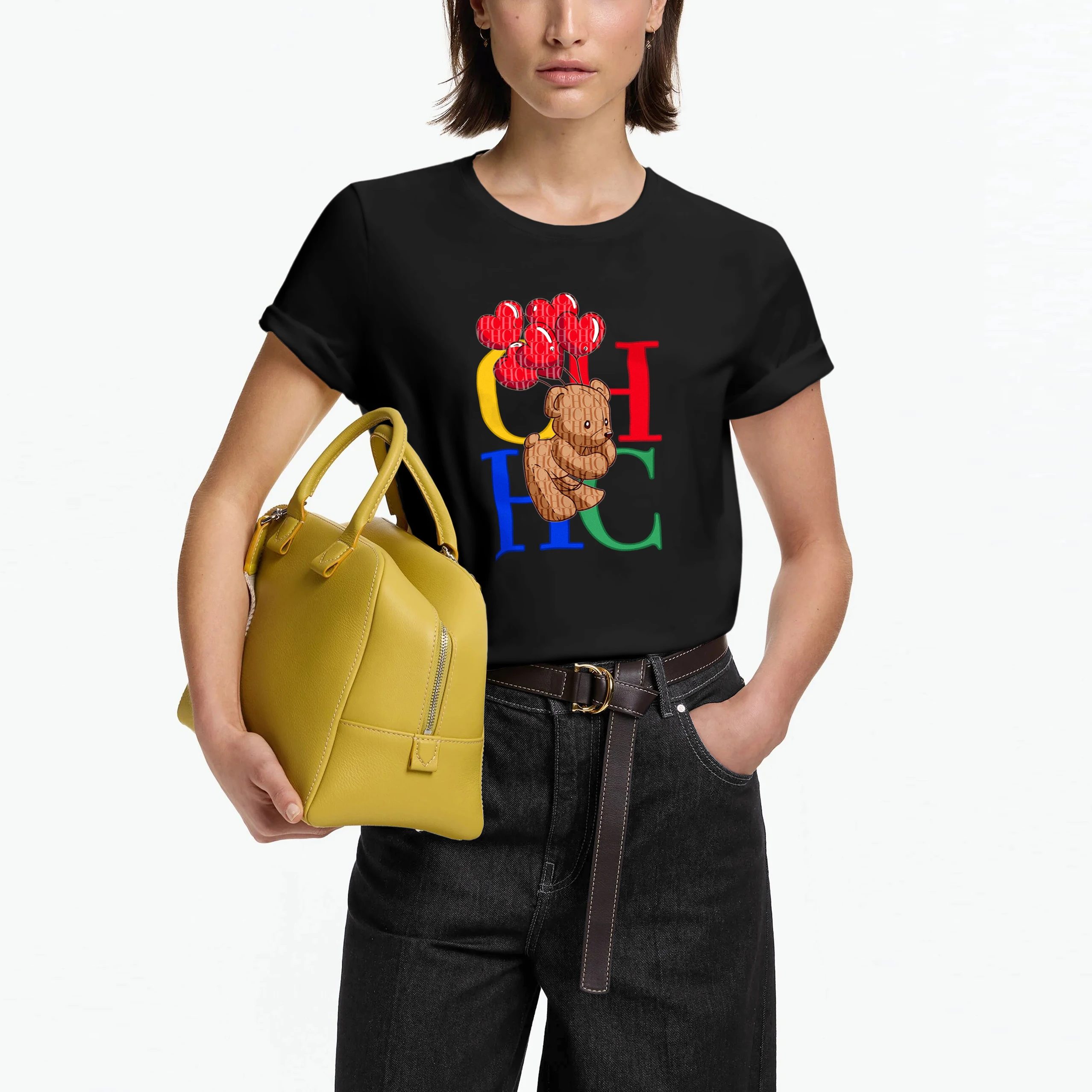 

2025 New Chic Women T-Shirt 230g Cotton Drop Shoulder Heart Bear Letter Print Playful Casual Style Unisex Summer