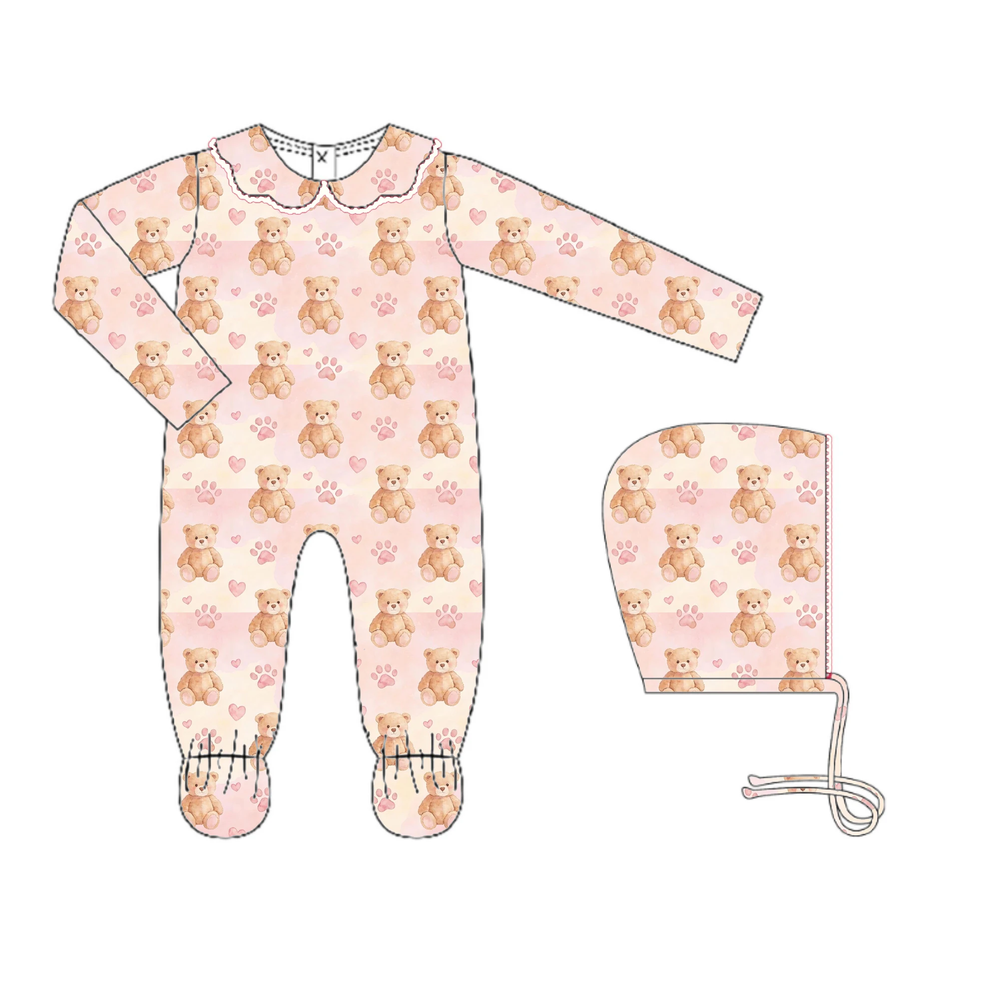 Valentine's Day Cartoon and Heart Print Scalloped Collar Long-Sleeve and Pants Baby Girl Boutique Romper Matching Hat 2-Piece Se