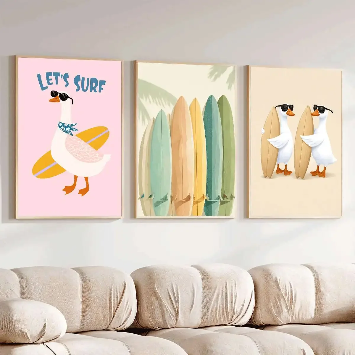 Large-sized frameless  3PCS Summer Surfing Art Poster  Children's Room Cartoon Wall Art  Big Goose Printing Wall Decor