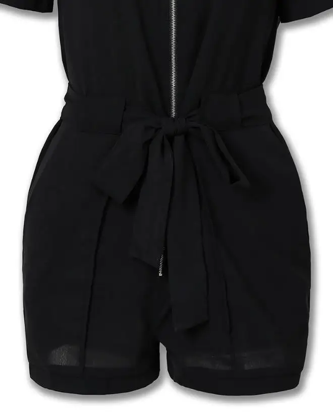 Women's Casual Jumpsuit Summer Fashion OTTD Zipper Design Turn-down Collar Short Sleeve Tie Details High Waist Pocket Romper