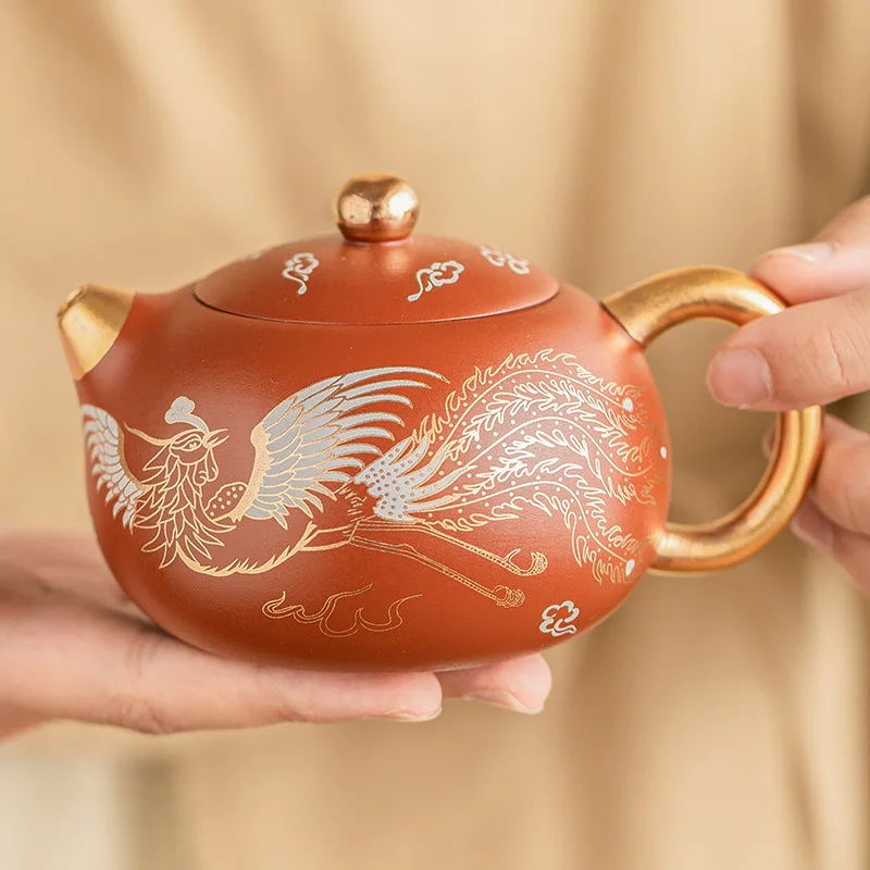 Dragon Phoenix Chengxiang Gilt Teapot Single Pot Red Clay Purple Sand Xishi Pot Single Chinese Kung Fu Tea Set Gift Box