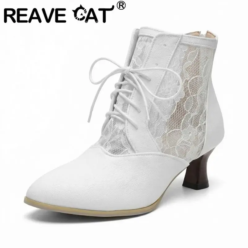 

Женские коричневые ботильоны REAVE CAT с острым носком, на каблуке 6 см, на шнуровке, с дышащей сеткой, большие размеры 47, 48, 49, 50, короткие ботинки