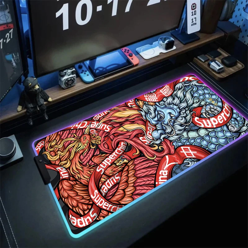 Chinese Style Dragon Game RGB Mouse Pad Large Gamer Led Computer Mousepad Black and White Tiger Head Mouse Mat Backlight Carpet