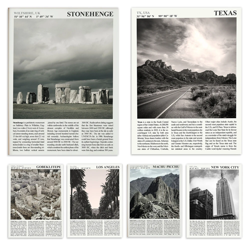 Machu Picchu, Texas Road, Göbekli Tepe, New York, Los Angeles, black and white topographic art print, photographic travel poster