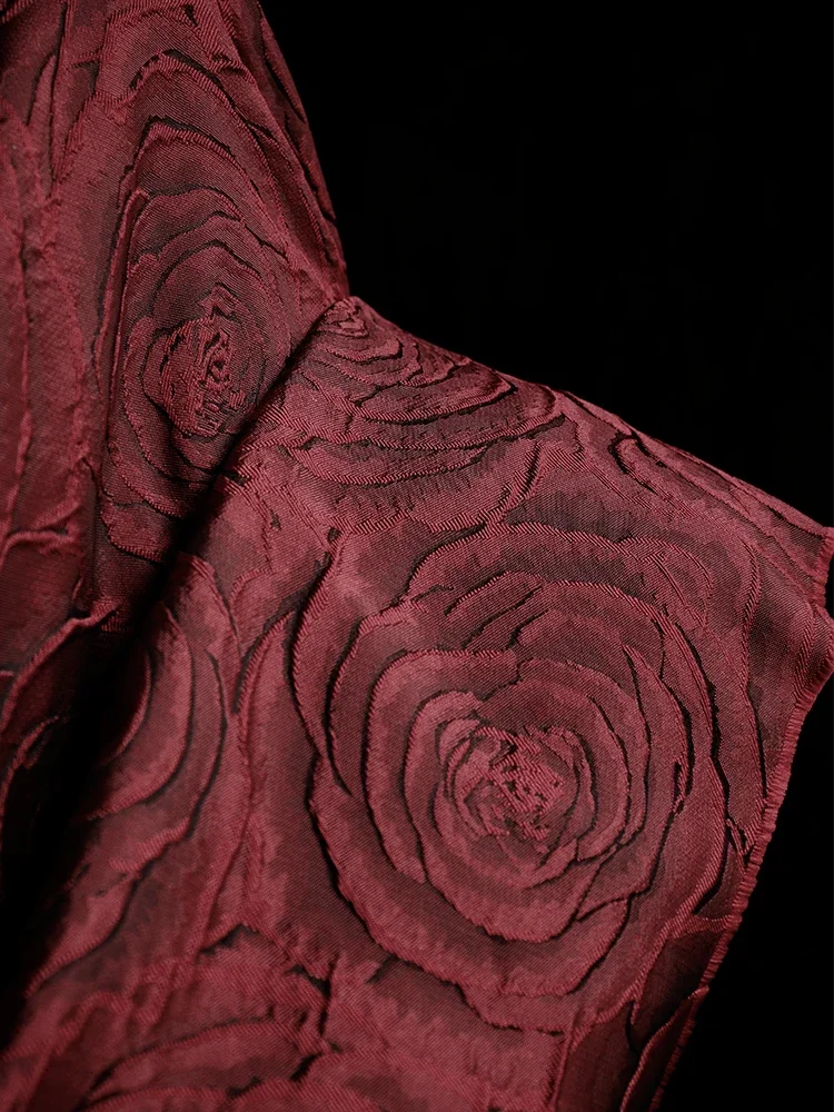 3M Dark Red Rose Relief Three-dimensional Flower Jacquard Fabric Creative High-end Coat Pants Gift Clothing Designer Fabric