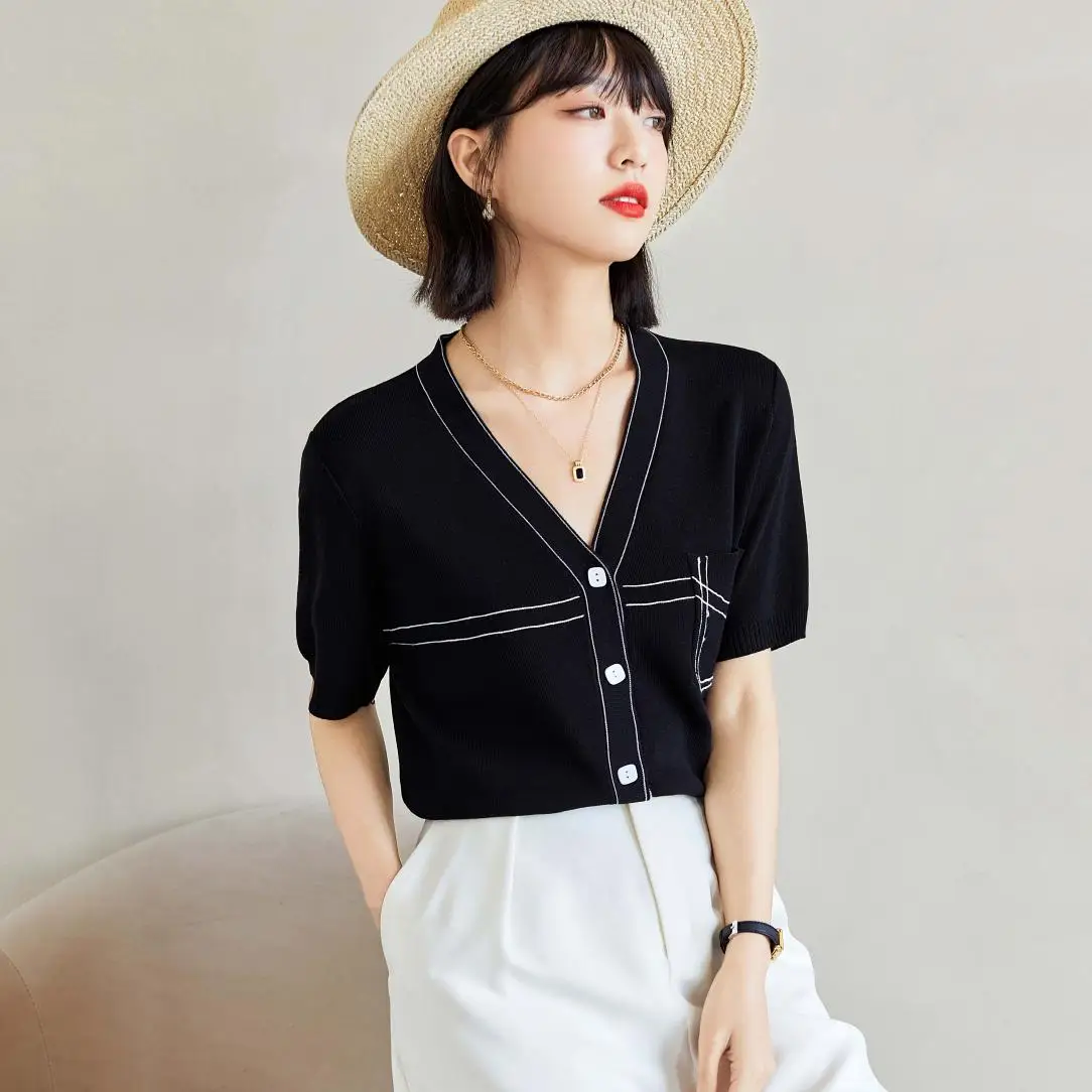 2023 summer new casual v-neck knitted cardigan knitted sweater women's white line pocket thin short-sleeved T-shirt top