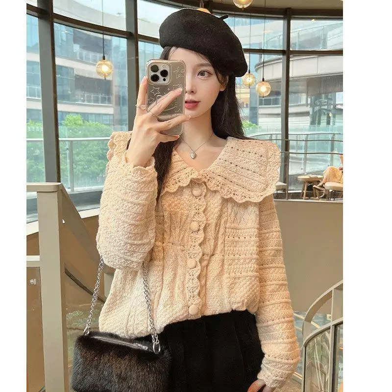 Korean Peter pan Collar knitting Cardigan coat Women Autumn Winter Solid color Long sleeve sweater All-match sweet Knitwear tops