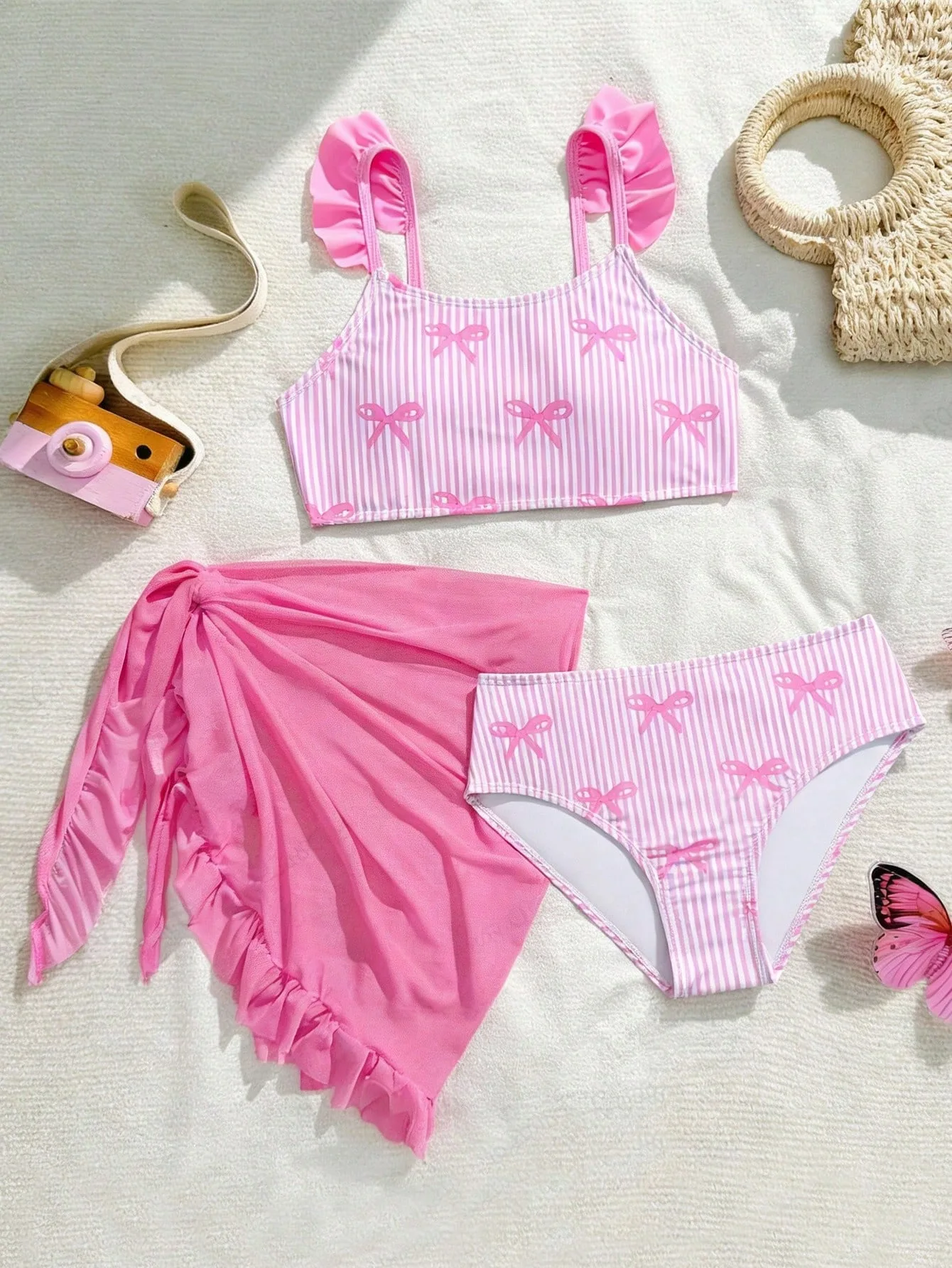 

Girls Swimsuit Butterfly Print Three Piece Swimwear for Kids 2026 New Beachwear Beach Bathing Suit Upf 50 +
