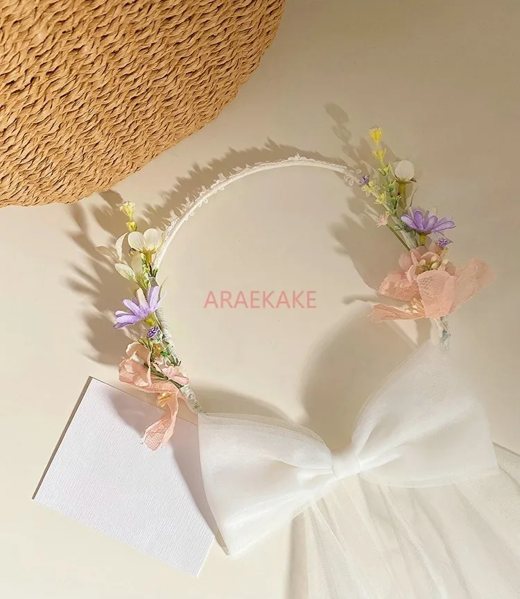 1pcs Flower wreath headband, children's white mesh, bow headband, flower girl braided hair headband image 6