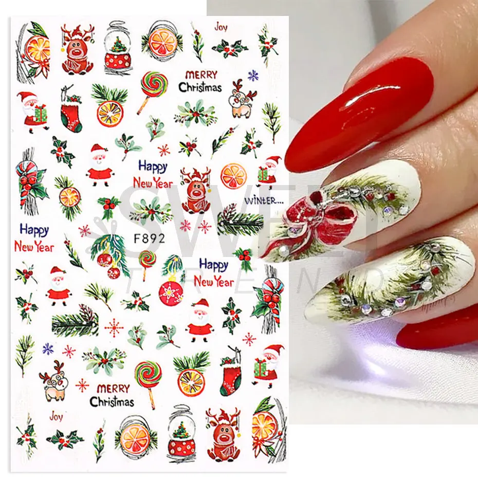 3D-Weihnachts-Nagelkunst-Aufkleber, roter Weihnachtsmann, Schneeflocke, Elch, Pinguin, Stechpalme, 2022, Winter-Aufkleber, Schieber, Neujahr, Maniküre, Dekoration, BEF 889