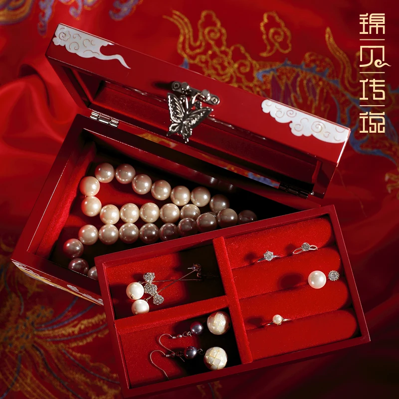 

Jewelry Box Three Gold Wedding Gift Wooden with Lock Dragon and Phoenix Style Flannel Snap Button Storage Necklace Bracelet Ring