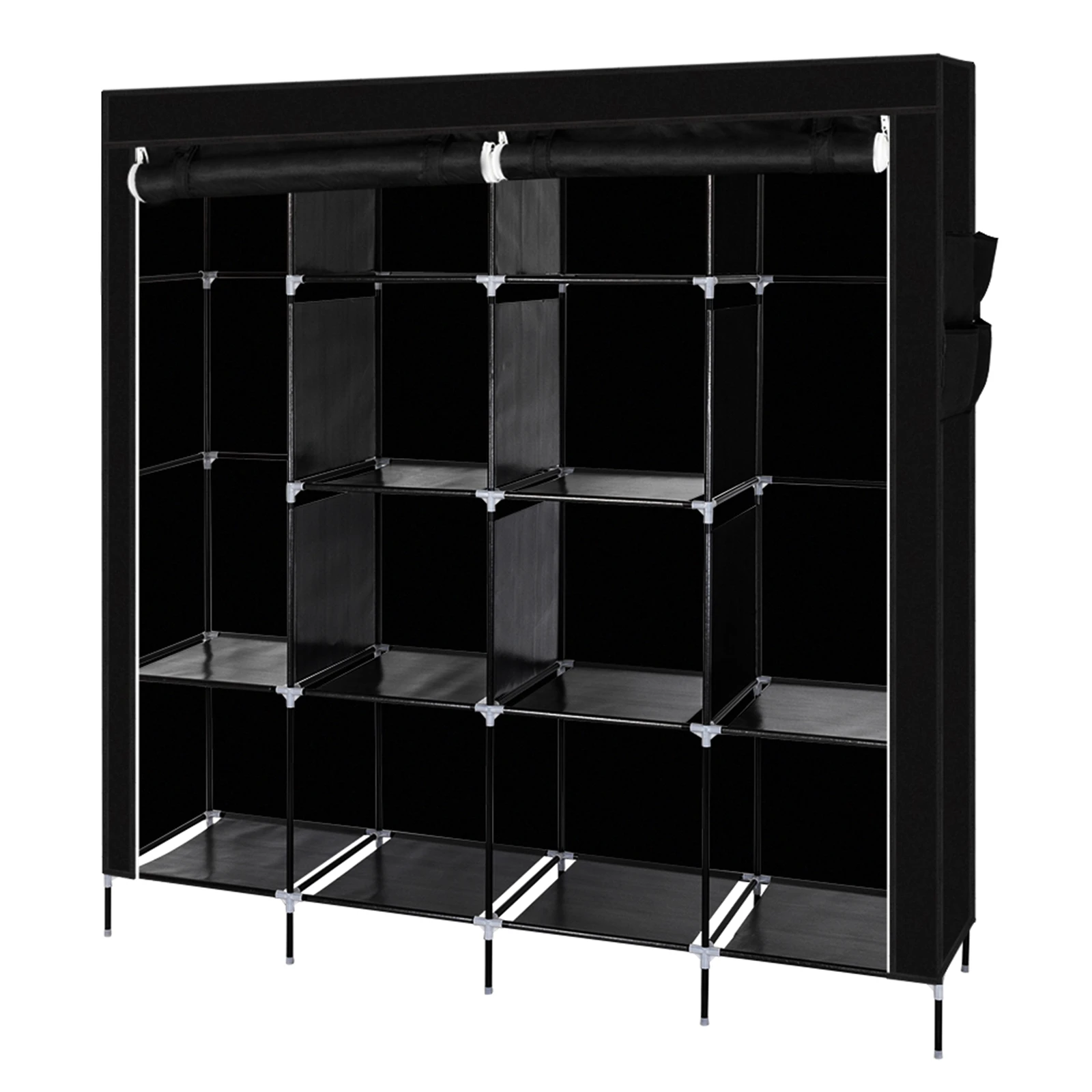 

67" Clothes Closet Portable Wardrobe Clothes Storage Rack 12 Shelves 4 Side Pockets Black